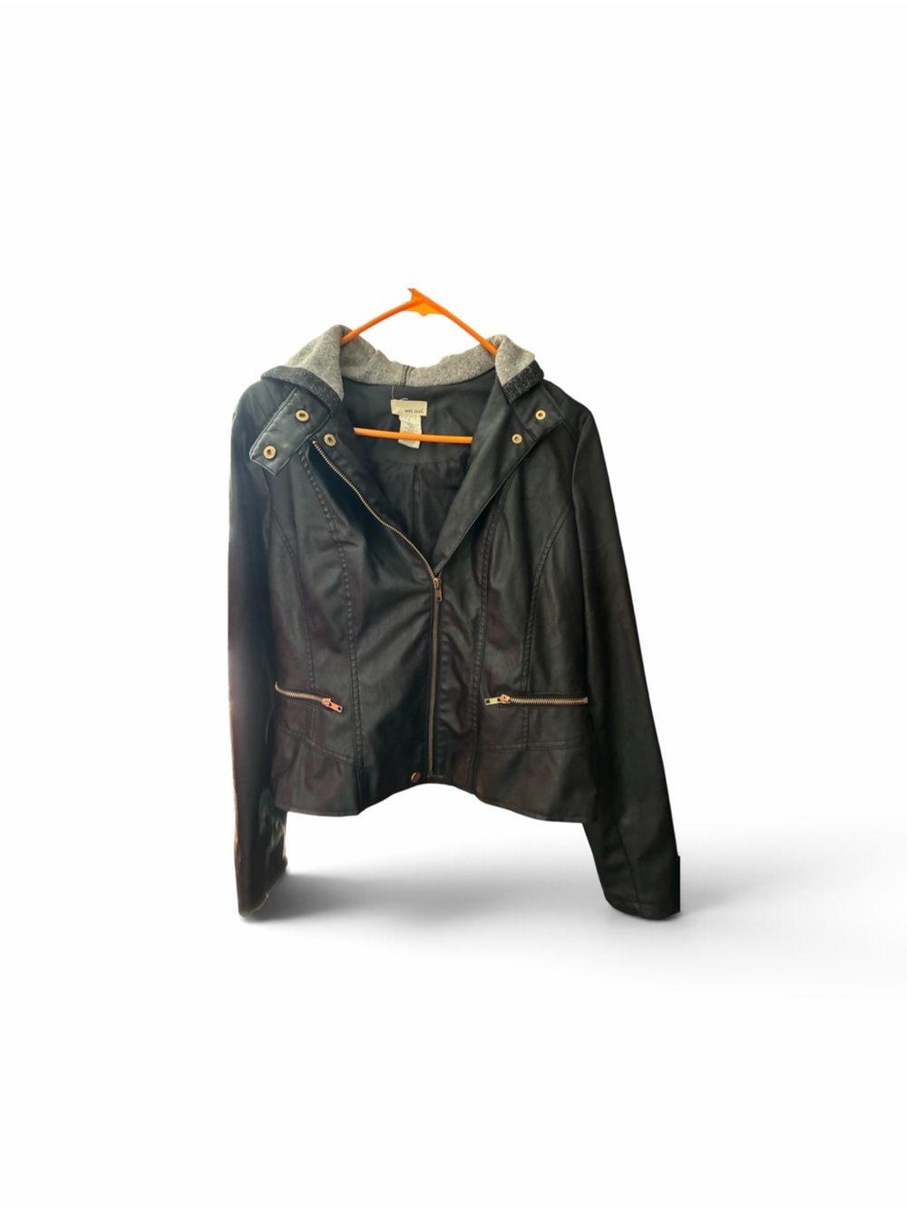 Wet Seal Black Faux Leather Jacket with Gray Hood